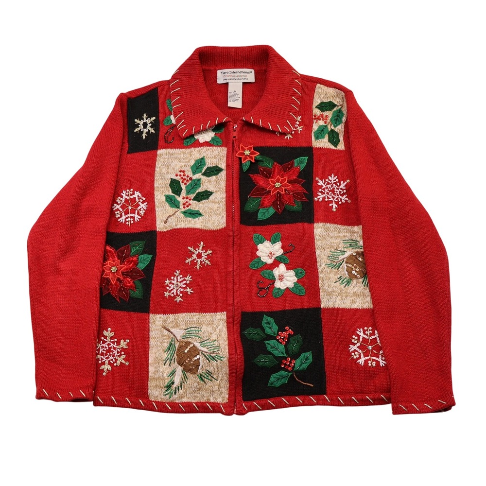 Tiara International Womens M Sweater Red Patchwork Christmas Embroidered Zip Up